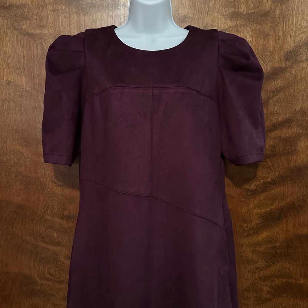 Anne Klein Short Puff Sleeve Faux Suede Fall Midi Dress Womens 12 Plum Purple - Picture 4 of 16